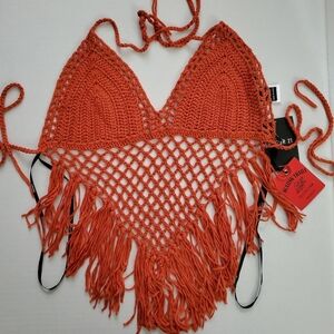 Forever 21 Crochet Fringed Bra Top, Bralette, Orange, Medium